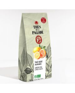 Biologische groene thee citrus van Thés de la Pagode met sinaasappel citroen en bergamot