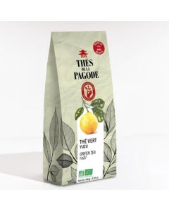 Biologische groene thee yuzu van Thés de la Pagode met yuzu op het etiket