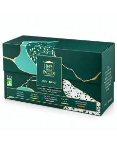 Thés de la Pagode Kintsugi kennismakingsbox met vijf soorten biologische thee en infusies in een donkergroene geschenkverpakking met goudkleurige details en botanische patronen.