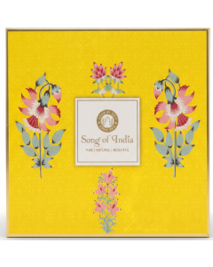 Vrijstaande productfoto van de gele Veda cadeauset van Song of India.