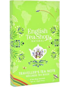 Voorkant van English Tea Shop Wellness Tea Book – 8 biologische theezakjes in een groene cadeauverpakking.
